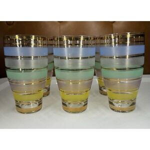 Vintage MCM Julep/Juice Glasses 1950s Bar Ware, Cocktails Gold Striped, Set Of 6